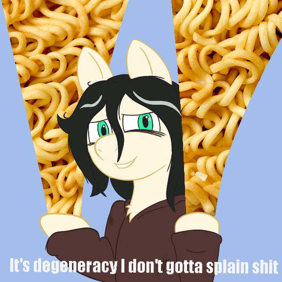 Size: 576x576 | Tagged: safe, artist:scraggleman, derpibooru import, oc, oc:floor bored, unofficial characters only, earth pony, pony, bags under eyes, chest fluff, clothes, degeneracy, food, hoodie, it's magic, noodles, ramen, reaction image, solo, vulgar