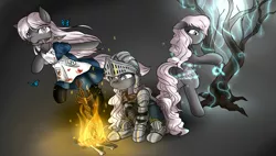 Size: 2117x1200 | Tagged: safe, artist:mingle, derpibooru import, oc, oc:mingle, ponified, unofficial characters only, butterfly, earth pony, pony, alice in wonderland, american mcgee's alice, armor, bipedal, blood, bone, bonfire, boots, clothes, color, crossover, dark souls, dress, female, helmet, heterochromia, knife, mare, mouth hold, shoes, sitting, the void, tree, turgor