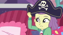 Size: 1920x1080 | Tagged: safe, derpibooru import, screencap, lily pad (equestria girls), equestria girls, equestria girls series, pinkie sitting, clothes, couch, female, hat, indoors, mobile phone, phone, pillow, pirate hat, smartphone, solo, young