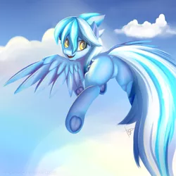 Size: 1024x1024 | Tagged: suggestive, artist:mercurial64, derpibooru import, oc, oc:wind sail, unofficial characters only, pegasus, pony, butt, dock, featureless crotch, female, flying, frog (hoof), looking back, plot, smiling, solo, spread wings, underhoof, wings