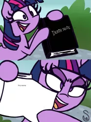 Size: 767x1024 | Tagged: alicorn, artist:quarium edits, death note, derpibooru import, ed edd n eddy, edit, exploitable meme, image macro, meme, paradox, safe, solo, twilight's death note, twilight's fact book, twilight sparkle, twilight sparkle (alicorn)