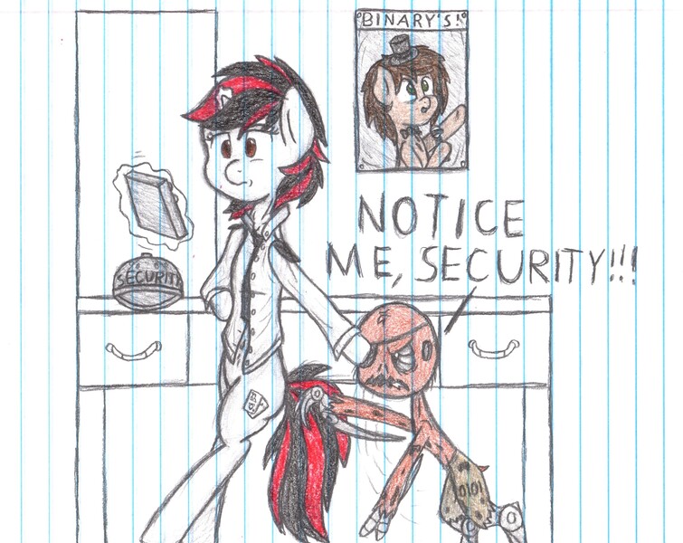 Size: 4130x3281 | Tagged: safe, artist:binary6, derpibooru import, oc, oc:binary6, oc:blackjack, unofficial characters only, unicorn, fallout equestria, fallout equestria: project horizons, clothes, five nights at freddy's, lined paper, notice me senpai, security, senpai, shirt, traditional art