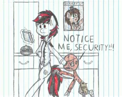 Size: 4130x3281 | Tagged: safe, artist:binary6, derpibooru import, oc, oc:binary6, oc:blackjack, unofficial characters only, unicorn, fallout equestria, fallout equestria: project horizons, clothes, five nights at freddy's, lined paper, notice me senpai, security, senpai, shirt, traditional art