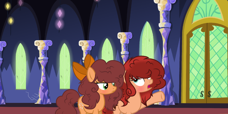 Size: 1024x515 | Tagged: safe, artist:xmelodyskyx, derpibooru import, oc, oc:confetti chocolate, oc:red velvet, unofficial characters only, earth pony, pony, bow, female, hair bow, mare, twilight's castle