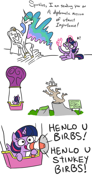 Size: 710x1368 | Tagged: safe, artist:jargon scott, derpibooru import, princess celestia, twilight sparkle, twilight sparkle (alicorn), alicorn, pony, sparkles! the wonder horse!, birb, butt, chair, comic, dialogue, eyes closed, female, glowing horn, griffonstone, grin, hand, henlo, horn, hot air balloon, k, leaning, long neck, magic, magic hands, mare, megaphone, meme, misspelling, open mouth, simple background, sitting, smiling, spread wings, squee, stinky birb, sunbutt, text, this will end in tears, this will end in war, throne, twibitch sparkle, wat, white background, wide eyes, wing fluff, wings, yelling, 👌