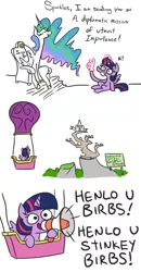 Size: 710x1368 | Tagged: safe, artist:jargon scott, derpibooru import, princess celestia, twilight sparkle, twilight sparkle (alicorn), alicorn, pony, sparkles! the wonder horse!, birb, butt, chair, comic, dialogue, eyes closed, female, glowing horn, griffonstone, grin, hand, henlo, horn, hot air balloon, k, leaning, long neck, magic, magic hands, mare, megaphone, meme, misspelling, open mouth, simple background, sitting, smiling, spread wings, squee, stinky birb, sunbutt, text, this will end in tears, this will end in war, throne, twibitch sparkle, wat, white background, wide eyes, wing fluff, wings, yelling, 👌