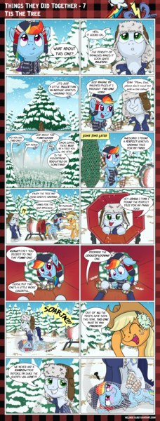 Size: 1500x3945 | Tagged: safe, artist:helmie-art, derpibooru import, applejack, rainbow dash, soarin', comic:things they did together, :t, blushing, christmas, christmas tree, comic, female, fir tree, holiday, male, net, shipping, snow, soarindash, straight, tree, tsunderainbow, tsundere