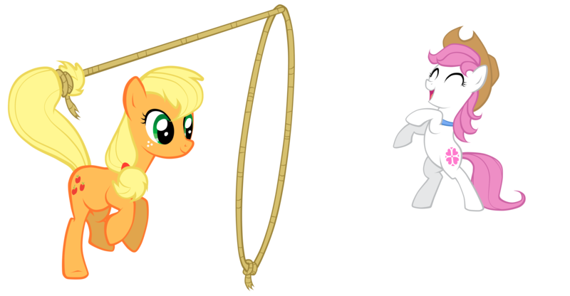 Size: 4813x2500 | Tagged: safe, artist:petraea, derpibooru import, applejack, oc, oc:sundance, earth pony, pony, applejack's hat, cowboy hat, female, hat, high res, lasso, mare, rope, simple background, transparent background, vector