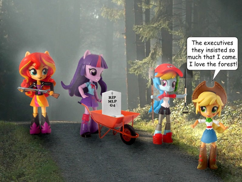 Size: 875x658 | Tagged: safe, artist:whatthehell!?, derpibooru import, edit, applejack, rainbow dash, sunset shimmer, twilight sparkle, equestria girls, leak, 12/16/17, boots, clothes, cowboy hat, denim skirt, doll, drama, equestria girls minis, eqventures of the minis, fog, forest, g5, g5 applejack drama, g5 drama, gun, hat, implied murder, irl, jacket, leg warmers, merchandise, photo, shoes, shorts, shotgun, skirt, stetson, stone, toy, walking, weapon, wheelbarrow