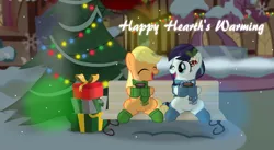 Size: 3805x2090 | Tagged: safe, artist:jhayarr23, derpibooru import, applejack, coloratura, bench, christmas, christmas tree, clothes, hearth's warming, holiday, ponyville, present, scarf, snow, snowfall, tree, vector, wallpaper