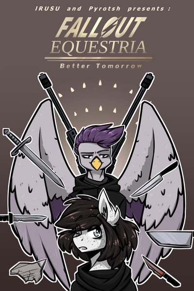 Size: 3071x4611 | Tagged: safe, artist:lrusu, derpibooru import, oc, oc:logan, oc:pyro, unofficial characters only, gryphon, fallout equestria, cleaver, comic cover, fallout, fallout equestria; better tomorrow, glass shard, gun, knife, male, purple hair, rifle, sniper rifle, stallion, sword, teaser, weapon, wings