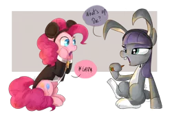 Size: 1440x950 | Tagged: safe, artist:emositecc, derpibooru import, maud pie, pinkie pie, earth pony, pony, animal costume, bugs bunny, bunny costume, carrot, clothes, cosplay, costume, cuffs (clothes), dialogue, female, food, mare, mickey mouse, pie sisters, siblings, simple background, sisters, speech bubble, transparent background