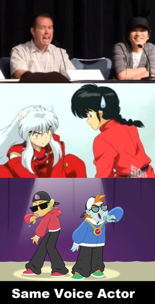 Size: 793x1549 | Tagged: safe, derpibooru import, snails, snips, equestria girls, english, exploitable meme, inuyasha, inuyasha (character), japanese, kappei yamaguchi, meme, ranma 1/2, ranma saotome, richard ian cox, same voice actor, voice actor joke