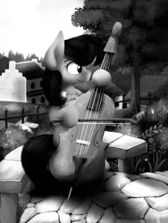Size: 1500x2000 | Tagged: artist:blackligerth, black and white, bow (instrument), cello, cello bow, derpibooru import, digital art, editor:eagle1division, garden, grayscale, monochrome, musical instrument, octavia melody, old photo, old timey, safe, solo, town