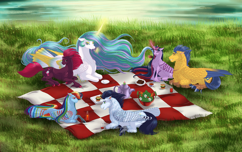 Size: 4200x2632 | Tagged: safe, artist:silverwolf866, derpibooru import, fizzlepop berrytwist, flash sentry, princess celestia, rainbow dash, soarin', tempest shadow, twilight sparkle, twilight sparkle (alicorn), alicorn, classical unicorn, pegasus, pony, unicorn, my little pony: the movie, :t, broken horn, brownies, cheek fluff, chest fluff, claws, cloven hooves, colored hooves, colored wings, cute, dewclaw, eating, eye contact, eye scar, eyes closed, eyeshadow, female, flashlight, floppy ears, fluffy, food, grass, grin, horn, leonine tail, lesbian, levitation, lidded eyes, looking at each other, magic, makeup, male, mare, multicolored wings, neck fluff, one eye closed, picnic, picnic blanket, prone, puffy cheeks, rainbow wings, realistic horse legs, requested art, scar, shipping, shoulder fluff, sitting, smiling, soarindash, stallion, straight, tail feathers, telekinesis, tempestia, unshorn fetlocks, wing fluff, wings, wink