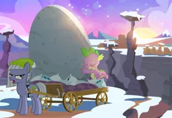 Size: 978x667 | Tagged: safe, artist:pixelkitties, derpibooru import, limestone pie, spike, dragon, earth pony, pony, eyes closed, female, holder's boulder, mare, snow, snow cap, wagon