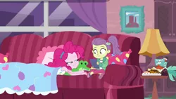 Size: 1920x1080 | Tagged: safe, banned from derpibooru, derpibooru import, screencap, lily pad (equestria girls), pinkie pie, equestria girls, equestria girls series, pinkie sitting, bedroom eyes, clothes, couch, duo, duo female, female, hairband, image, jacket, lilypie, lolicon, magical geodes, out of context, pants, png, side ponytail, smiling, underage, young