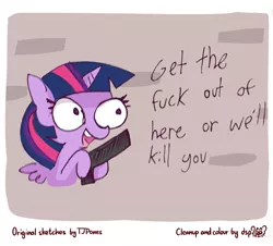 Size: 1270x1148 | Tagged: safe, artist:dsp2003, artist:tjpones, derpibooru import, edit, twilight sparkle, twilight sparkle (alicorn), alicorn, pony, sparkles! the wonder horse!, collaboration, colored, comic, cropped, death threat, dialogue, female, gun, handgun, hoof hold, mare, open mouth, pistol, smiling, spread wings, threat, vulgar, wat, weapon, wide eyes, wings