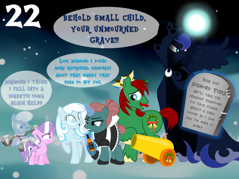 Size: 1024x768 | Tagged: safe, artist:bronybyexception, derpibooru import, diamond tiara, princess luna, silver spoon, spirit of hearth's warming yet to come, oc, oc:nanny soak, oc:snowdrop, ghost, pony, undead, a christmas carol, abuse, advent calendar, christmas, christmas carol, ebenezer scrooge, grave, gravestone, holiday, implied child abuse, implied childhood issues, party cannon, the ghost of christmas past, the ghost of christmas present, the ghost of christmas yet to come, tiarabuse