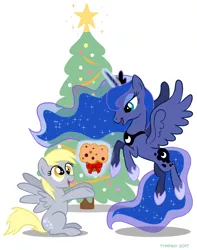 Size: 606x768 | Tagged: safe, artist:tim-kangaroo, derpibooru import, derpy hooves, princess luna, bow, christmas, christmas tree, decoration, flying, food, glowing horn, hearth's warming, holiday, horn, magic, muffin, present, simple background, telekinesis, tree, white background