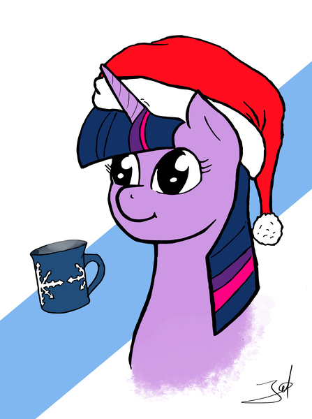 Size: 2480x3327 | Tagged: alicorn, artist:derpyjoel, christmas, cup, derpibooru import, food, hat, holiday, safe, santa hat, solo, tea, teacup, twilight sparkle, twilight sparkle (alicorn)