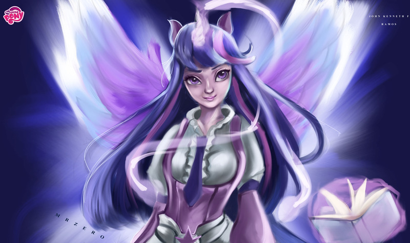 Size: 4000x2368 | Tagged: alicorn, artist:bunsogen, clothes, derpibooru import, edit, horn, horned humanization, human, humanized, safe, smiling, solo, trace, twilight sparkle, twilight sparkle (alicorn), winged humanization, wings