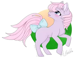 Size: 1024x810 | Tagged: safe, artist:dreamcreationsink, derpibooru import, ember (g1), earth pony, pony, baby ember, blushing, bow, female, filly, solo, tail bow