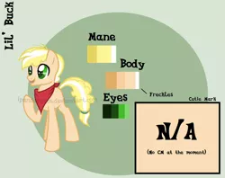 Size: 1091x863 | Tagged: safe, artist:ipandacakes, derpibooru import, oc, oc:lil' buck, unofficial characters only, earth pony, pony, colt, male, offspring, parent:applejack, parent:flim, parents:flimjack, reference sheet, solo