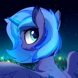 Size: 590x590 | Tagged: safe, artist:aureai, derpibooru import, princess luna, alicorn, firefly (insect), insect, pony, bust, chest fluff, cute, ear fluff, female, filly, happy, looking at you, looking back, looking back at you, lunabetes, night, s1 luna, sketch, smiling, solo, spread wings, starry night, stars, wing fluff, wings, woona, younger