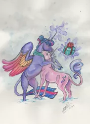 Size: 1024x1409 | Tagged: safe, artist:sagastuff94, derpibooru import, starlight glimmer, twilight sparkle, twilight sparkle (alicorn), alicorn, pony, unicorn, christmas, glowing horn, hearth's warming eve, holiday, horn, hug, present, snow