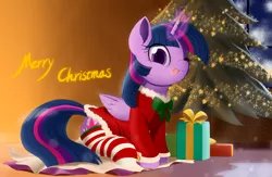 Size: 3000x1958 | Tagged: safe, artist:j24262756, derpibooru import, twilight sparkle, twilight sparkle (alicorn), alicorn, pony, :p, bowtie, christmas, christmas tree, clothes, cute, dress, female, glowing horn, hearth's warming, holiday, horn, looking at you, magic, mare, one eye closed, present, silly, sitting, smiling, socks, solo, striped socks, tongue out, tree, twiabetes, window, wink