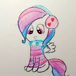 Size: 1280x1278 | Tagged: safe, artist:sumi-mlp25, derpibooru import, oc, oc:strawberry breeze, unofficial characters only, pegasus, pony, :), clothes, earmuffs, female, looking at you, scarf, solo, striped sweater, sweater, traditional art