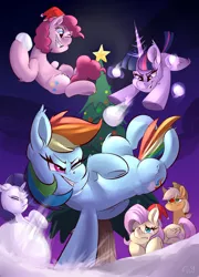 Size: 1800x2500 | Tagged: safe, artist:passigcamel, derpibooru import, applejack, fluttershy, pinkie pie, rainbow dash, rarity, twilight sparkle, twilight sparkle (alicorn), alicorn, pony, applejack's hat, christmas, christmas tree, cowboy hat, female, hat, holiday, mane six, mare, one eye closed, red nose, snow, snowball, snowball fight, tree, winter