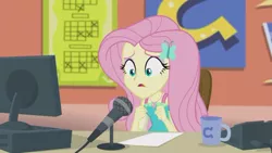 Size: 1920x1080 | Tagged: safe, derpibooru import, screencap, fluttershy, equestria girls, equestria girls series, fluttershy's butterflies, coffee mug, computer, female, fluttershy's butterflies: rainbow dash, geode of fauna, magical geodes, microphone, microphone stand, mug, solo