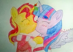 Size: 3221x2309 | Tagged: safe, artist:erenerakhard, derpibooru import, sunset shimmer, twilight sparkle, twilight sparkle (alicorn), alicorn, female, hearth's warming eve, kissing, lesbian, mistletoe, shipping, sunsetsparkle