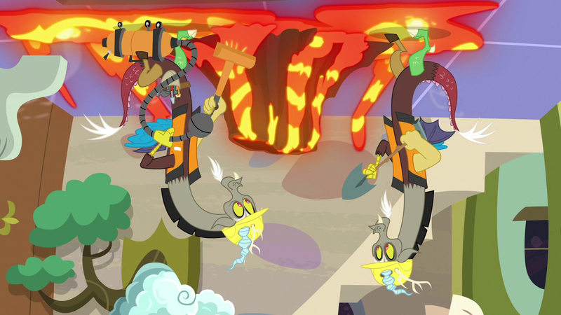 Size: 1280x720 | Tagged: cloud, derpibooru import, discord, discordant harmony, discord crew, discord's house, draconequus, duo, hard hat, lava, male, safe, screencap, self paradox, shovel, tree, upside down, vacuum cleaner, volcano