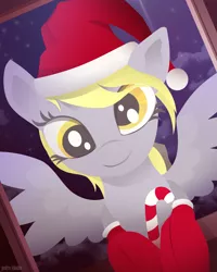 Size: 2503x3135 | Tagged: safe, artist:pedrohander, derpibooru import, derpy hooves, pegasus, pony, candy, candy cane, christmas, clothes, cute, food, hat, hearth's warming eve, holiday, santa hat, socks, solo