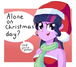 Size: 1331x1169 | Tagged: safe, artist:pastelhorses, derpibooru import, sci-twi, twilight sparkle, human, equestria girls, alone on a friday night? god you're pathetic, breasts, busty twilight sparkle, christmas, clothes, costume, female, hat, holiday, pathetic, santa costume, santa hat, solo