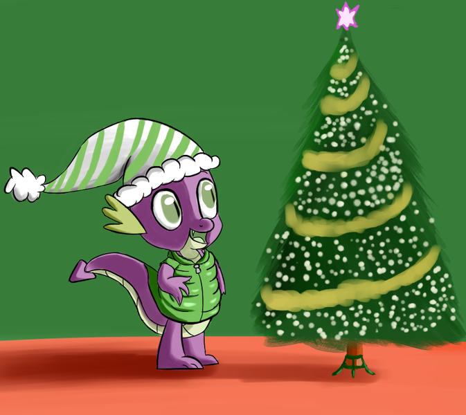 Size: 881x785 | Tagged: artist:itsthinking, christmas, christmas tree, clothes, derpibooru import, dragon, green background, hat, hearth's warming eve, holiday, idw, jacket, open mouth, safe, santa hat, simple background, smiling, solo, spike, tree