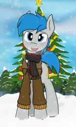 Size: 1536x2560 | Tagged: safe, artist:xphil1998, derpibooru import, oc, oc:trigger hooves, unofficial characters only, earth pony, pony, christmas, christmas tree, clothes, hearth's warming eve, holiday, jacket, scarf, snow, solo, tree, winter