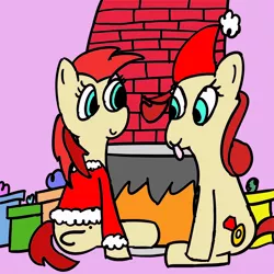Size: 2000x2000 | Tagged: safe, artist:meme mare, derpibooru import, oc, oc:red pone (8chan), oc:ruby (8chan), unofficial characters only, /pone/, 8chan, christmas, fireplace, hat, holiday, present, santa hat, tongue out