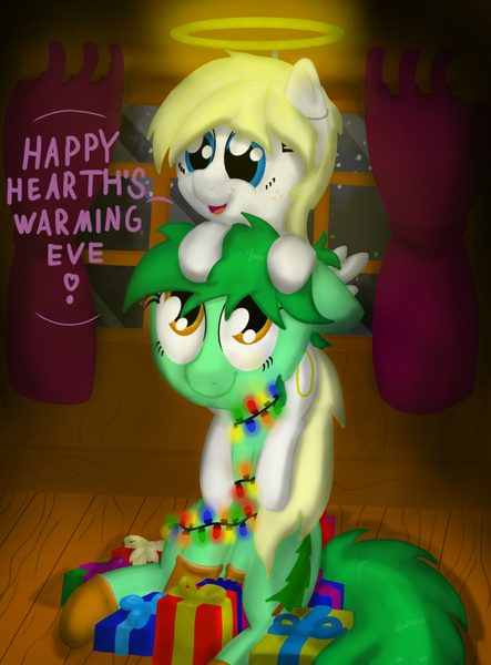 Size: 798x1080 | Tagged: safe, artist:nuxersopus, derpibooru import, oc, unofficial characters only, christmas, curtains, hearth's warming eve, holiday, night, present, window