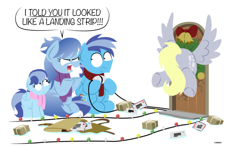 Size: 842x535 | Tagged: safe, artist:bobthedalek, derpibooru import, derpy hooves, oc, oc:hard cyder, pegasus, pony, angry, bubble butt, butt, christmas wreath, clothes, crash, door, hearth's warming eve, letter, mail, mailbag, mailmare, scarf, simple background, vector, white background, wreath