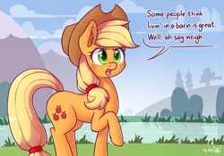 Size: 2529x1771 | Tagged: safe, artist:dsp2003, derpibooru import, applejack, earth pony, pony, applejack's hat, blushing, cloud, comic, cowboy hat, cute, dialogue, ear fluff, female, freckles, glare, hat, horse puns, lake, leg fluff, mare, neigh, open mouth, pun, raised hoof, river, silly, silly pony, single panel, solo