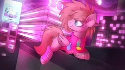 Size: 1024x576 | Tagged: safe, artist:prince-lionel, deleted from derpibooru, derpibooru import, oc, oc:digital dusk, unofficial characters only, pegasus, pony, 90's aesthetic, city, clothes, japanese, male, moon, night, sega, shoes, solo, stallion, sweater