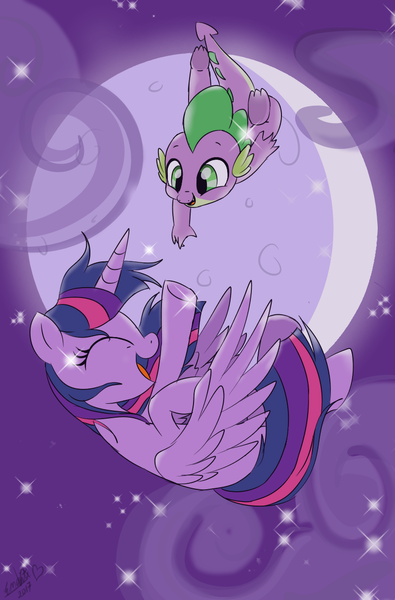 Size: 800x1214 | Tagged: safe, artist:emositecc, derpibooru import, spike, twilight sparkle, twilight sparkle (alicorn), alicorn, dragon, pony, duo, eyes closed, falling, female, mare, moon, smiling