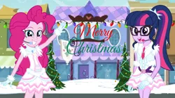 Size: 1920x1080 | Tagged: artist needed, source needed, safe, artist:osipush, derpibooru import, pinkie pie, sci-twi, twilight sparkle, equestria girls, christmas, holiday, love live! school idol project, merry christmas, snow, tree