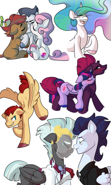 Size: 3000x5000 | Tagged: safe, artist:heyerika, derpibooru import, button mash, fizzlepop berrytwist, flash magnus, princess celestia, rumble, soarin', sweetie belle, tempest shadow, thunderlane, twilight sparkle, twilight sparkle (alicorn), alicorn, pony, my little pony: the movie, backbend, bisexual, crying, eyes closed, female, gay, grumpy, kiss on the cheek, kiss sandwich, kissing, laughing, lesbian, looking at each other, male, marriage, ot3, polyamory, ponies riding ponies, riding, rumbelle, rumbellemash, rumblemash, shipping, smiling, smirk, soarilane, straight, sweetiemash, tempestlight, unshorn fetlocks, wedding