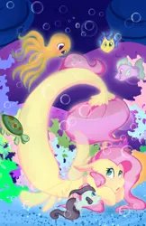 Size: 1024x1583 | Tagged: safe, artist:mscolorsplash, derpibooru import, fluttershy, fish, octopus, pony, seapony (g4), turtle, seaponified, seapony fluttershy, solo, species swap