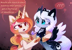Size: 2196x1550 | Tagged: safe, artist:magnaluna, derpibooru import, princess celestia, princess luna, alicorn, pony, :<, :o, abstract background, alternate design, blushing, cheek fluff, colored wings, colored wingtips, confused, curved horn, cute, cutelestia, dialogue, duo, ethereal mane, female, galaxy mane, horn, hug, implied lesbian, implied shipping, implied twilestia, jewelry, lunabetes, mare, open mouth, question mark, raised eyebrow, regalia, speech bubble, spread wings, wings